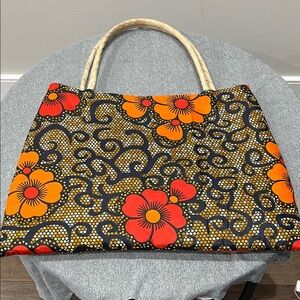 Straw Ankara Tote Bag - Red and Orange